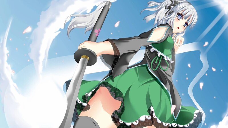Anime Girl with Sword — Green, Dramatic, Spring, Cherry Blossoms, Clouds
