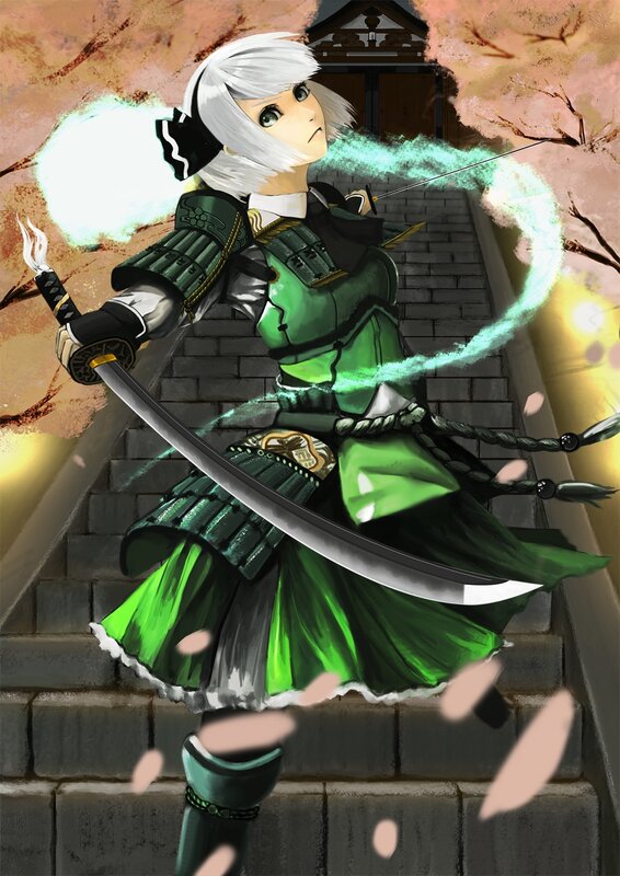 Anime Girl with Sword — Green, Dramatic, Spring, Digital Art, Armor