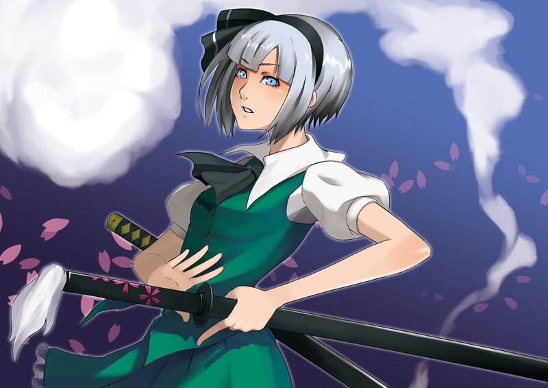 Anime Girl with Sword — Green, Dramatic, Spring, Digital Art, Cherry Blossoms, Clouds