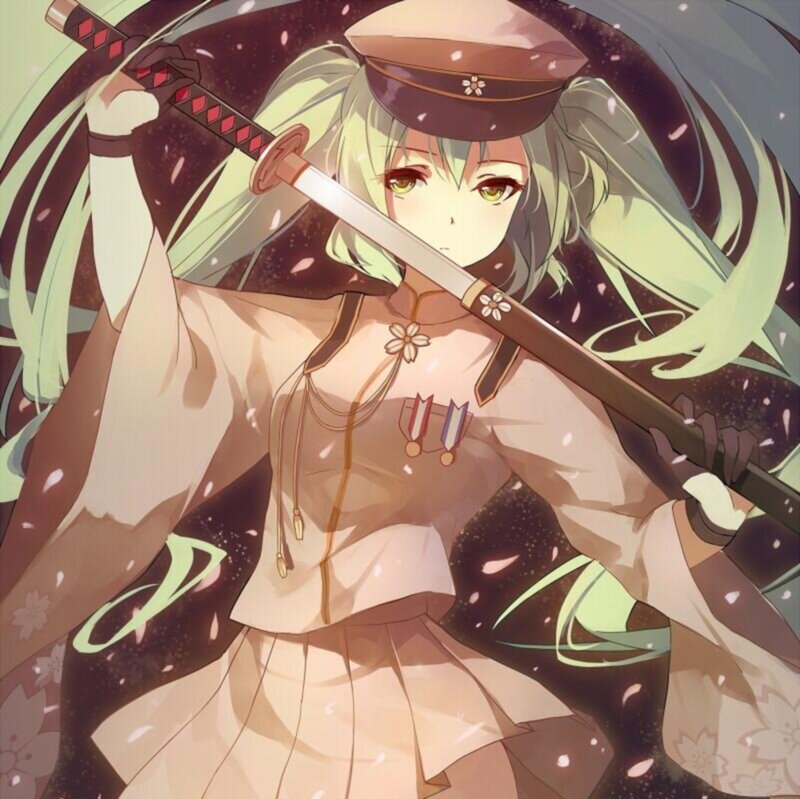Anime Girl with Sword — Green, Dramatic, Spring, Military Hat
