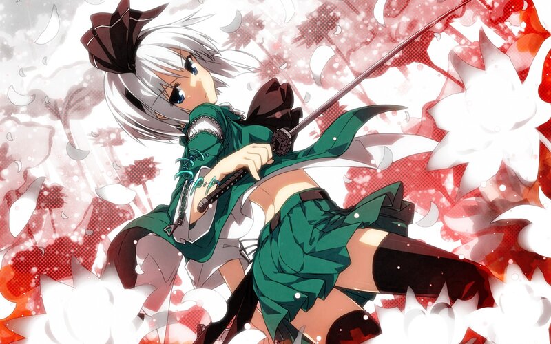 Anime Girl with Sword — Green, Dramatic, White Hair