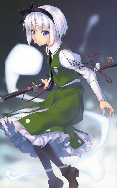 Anime Girl with Sword — Green, Dynamic, Digital Art, White Hair