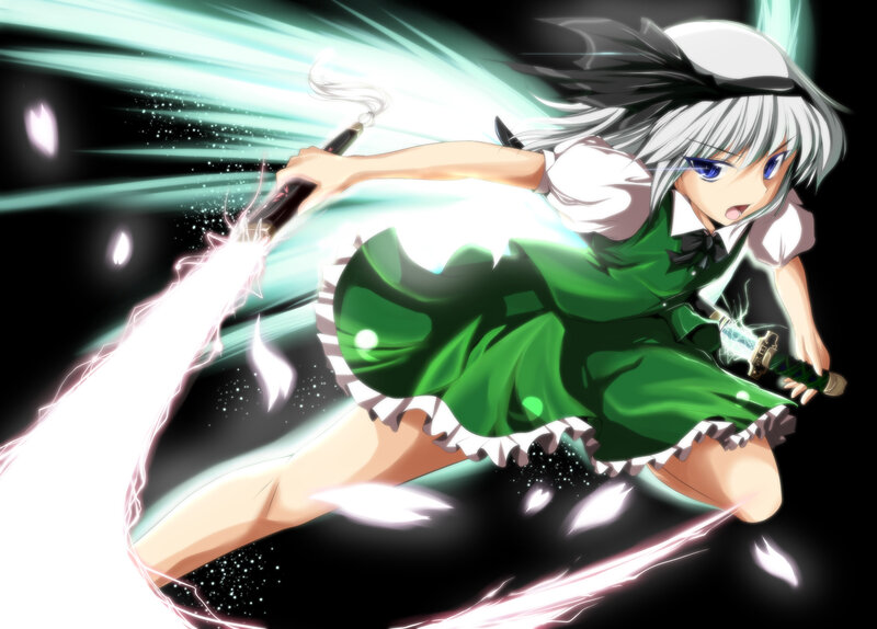 Anime Girl with Sword — Green, Dynamic, Intense