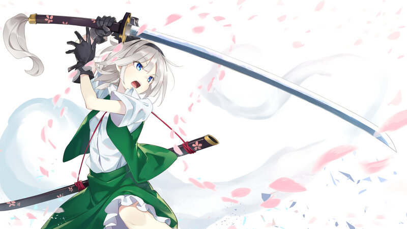 Anime Girl with Sword — Green, Dynamic, Spring, Digital Art, Cherry Blossoms