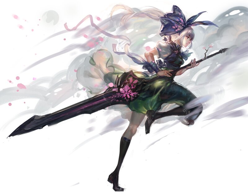 Anime Girl with Sword — Green, Dynamic, Spring, Digital Art, Flower Petals
