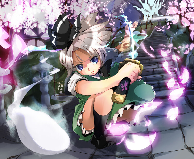 Anime Girl with Sword — Green, Dynamic, Spring, Digital Art