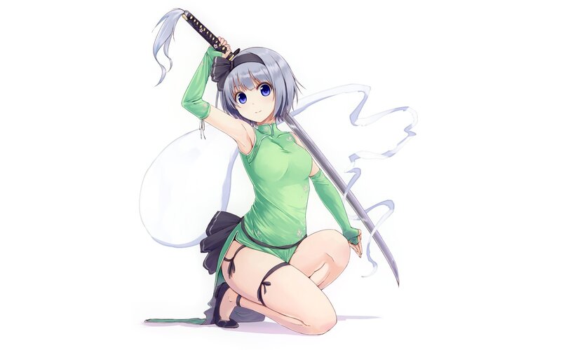 Anime Girl with Sword — Green, Playful, Green Outfit