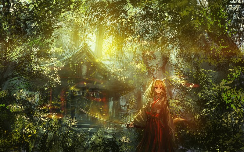 Anime Girl with Sword — Green, Serene, Afternoon, Digital Art