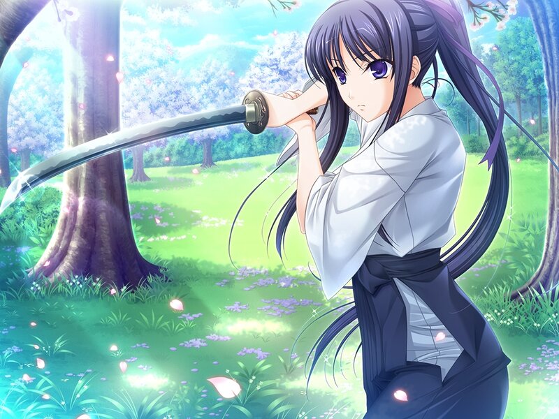 Anime Girl with Sword — Green, Serene, Spring, Cherry Blossoms
