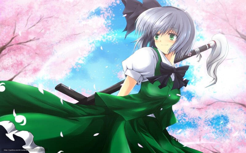 Anime Girl with Sword — Green, Serene, Spring, Sakura Trees