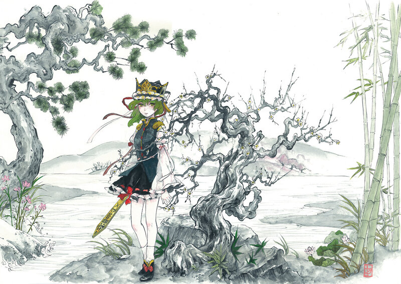 Anime Girl with Sword — Green, Serene