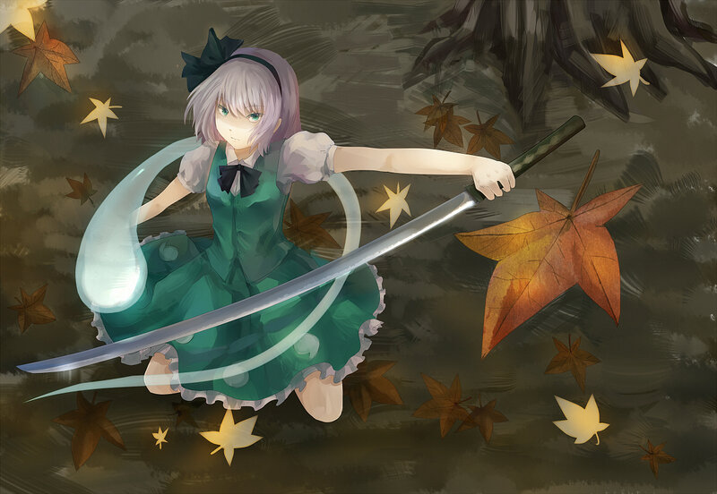 anime girl with sword in autumn