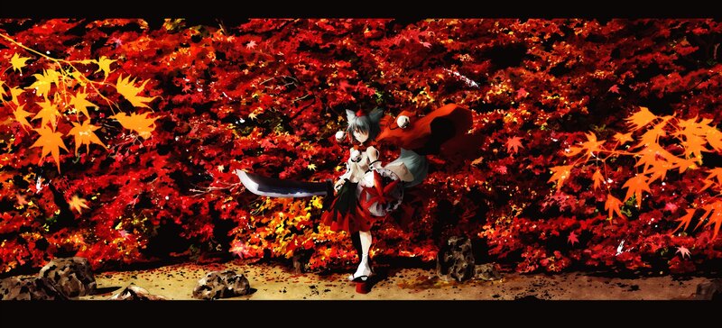 Anime girl with sword in autumn