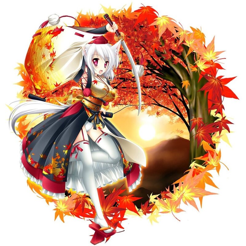 anime girl with sword in autumn