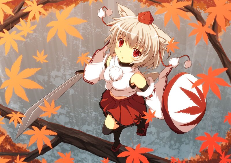 Anime girl with sword in autumn