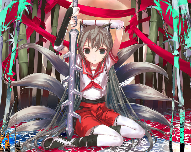 Anime girl with sword in bamboo grove
