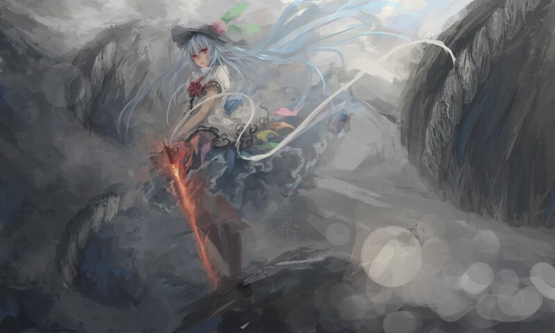anime girl with sword in canyon