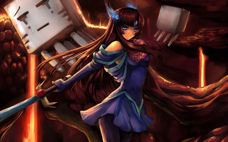 anime girl with sword in cave
