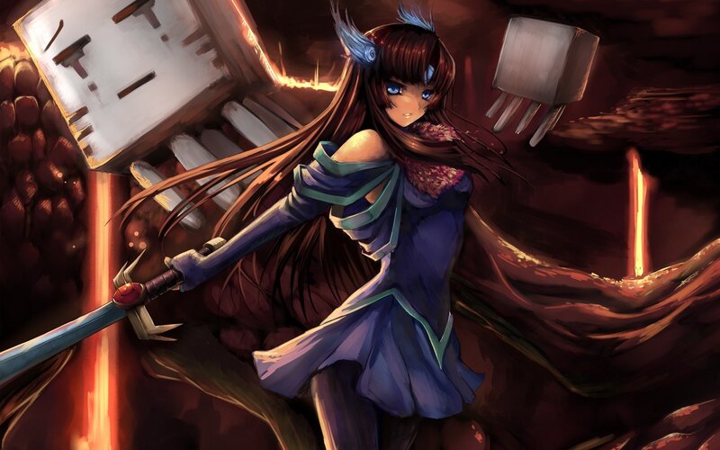 anime girl with sword in cave