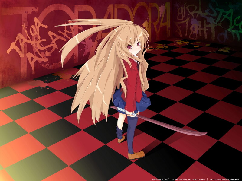 Anime girl with sword in checkered room