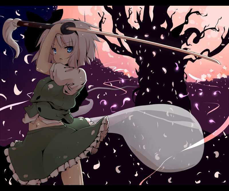 Anime girl with sword in cherry blossom