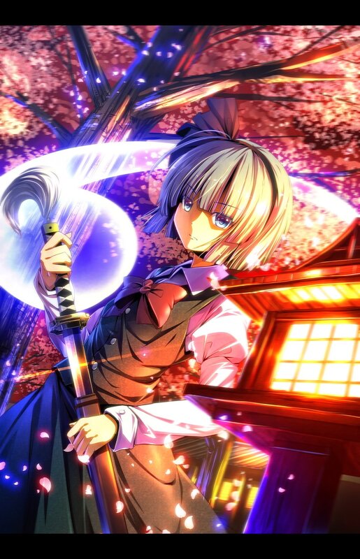 Anime girl with sword in cherry blossom