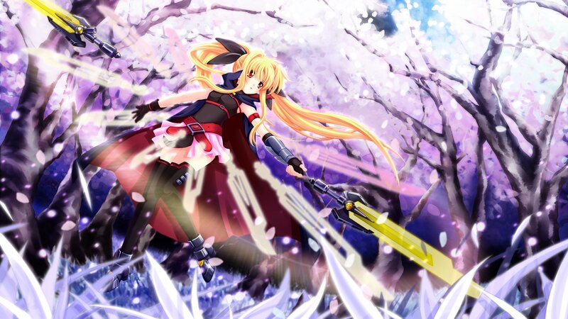 Anime girl with sword in cherry blossom forest