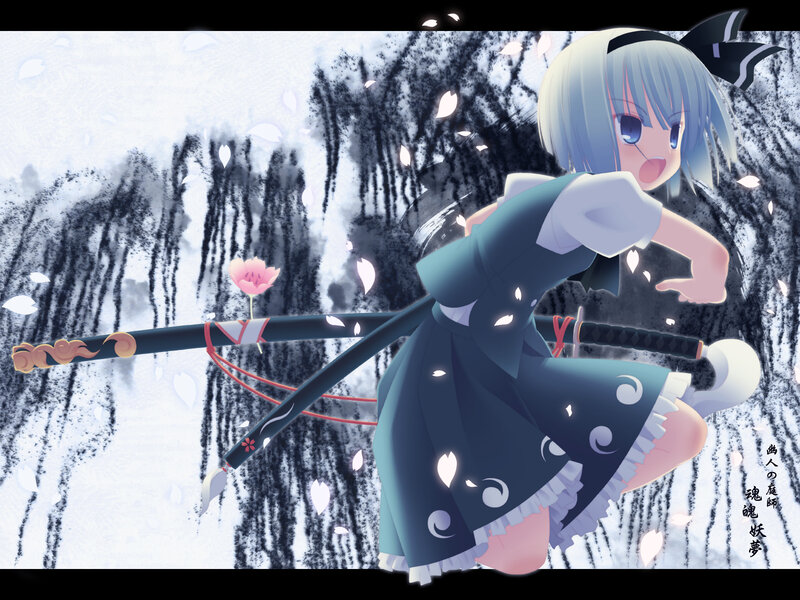 anime girl with sword in cherry blossoms