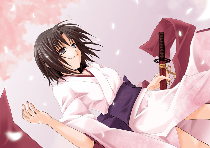 Anime girl with sword in cherry blossoms