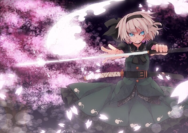 anime girl with sword in cherry blossoms