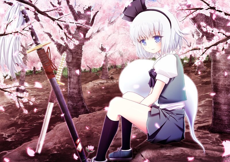 Anime girl with sword in cherry blossoms