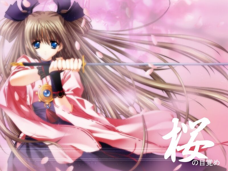 Anime girl with sword in cherry blossoms