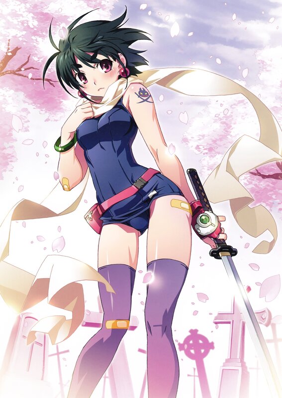 Anime girl with sword in cherry blossoms