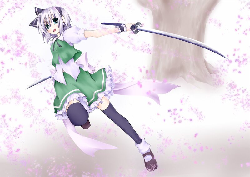 Anime girl with sword in cherry blossoms