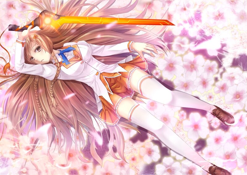 Anime girl with sword in cherry blossoms