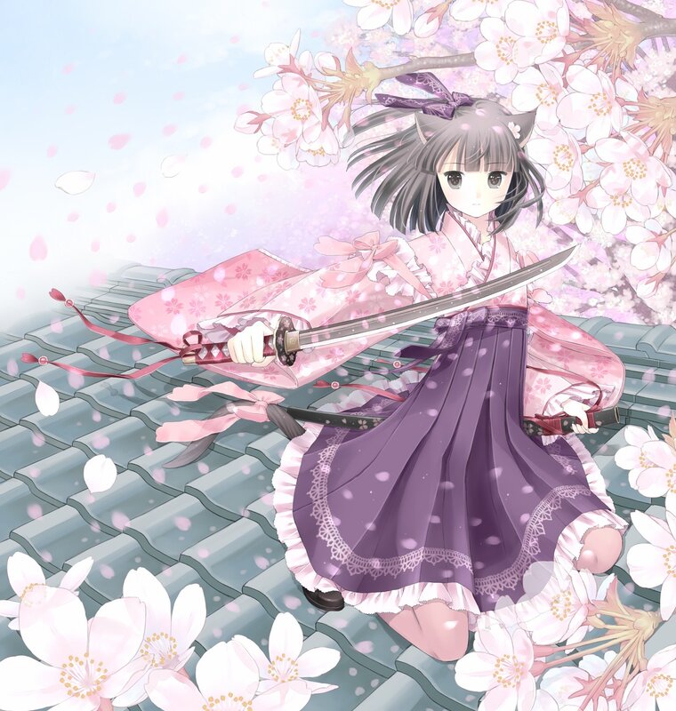 Anime girl with sword in cherry blossoms