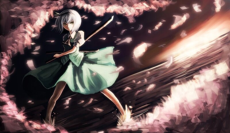 anime girl with sword in cherry blossoms