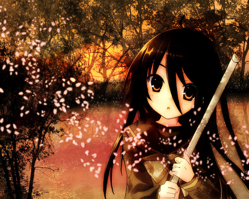 anime girl with sword in cherry blossoms