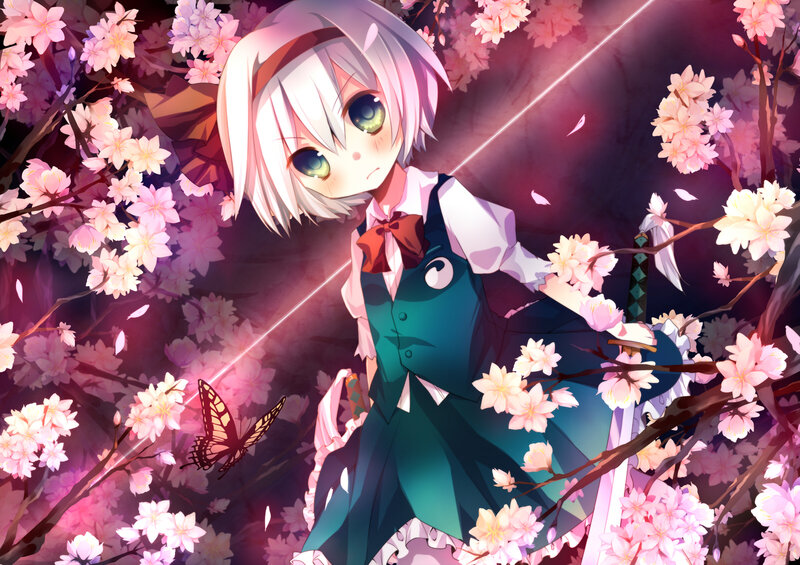 anime girl with sword in cherry blossoms