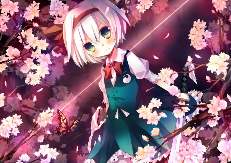Anime girl with sword in cherry blossoms