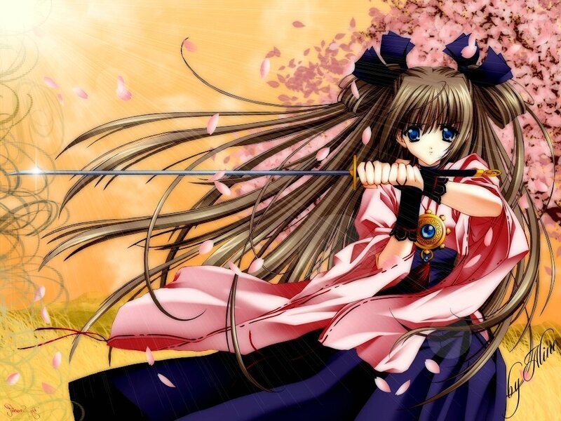 Anime girl with sword in cherry blossoms