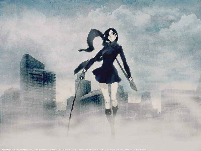 anime girl with sword in city