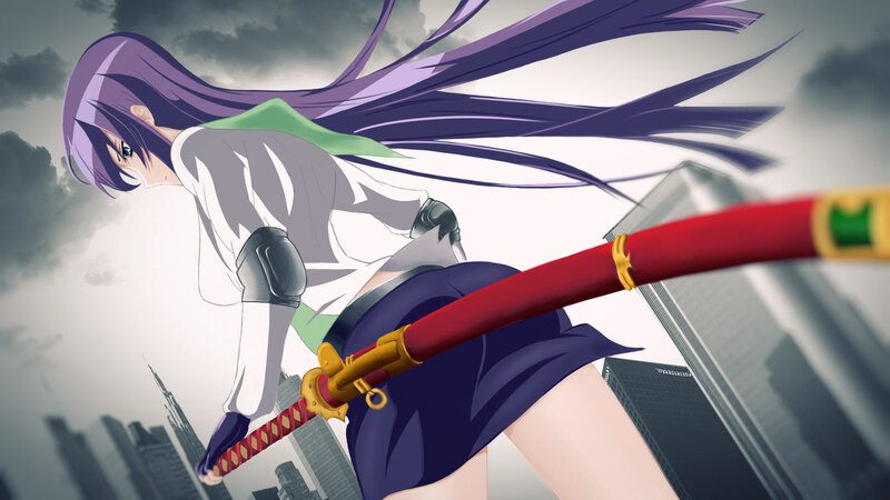 anime girl with sword in city