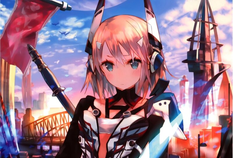 anime girl with sword in city