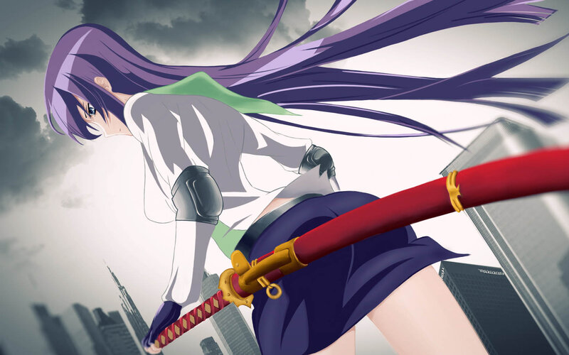 anime girl with sword in city