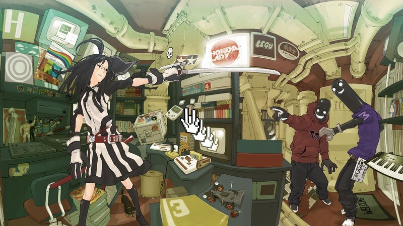 Anime girl with sword in cluttered room