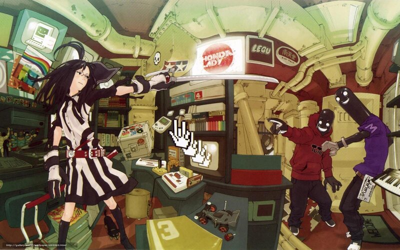 Anime girl with sword in cluttered room