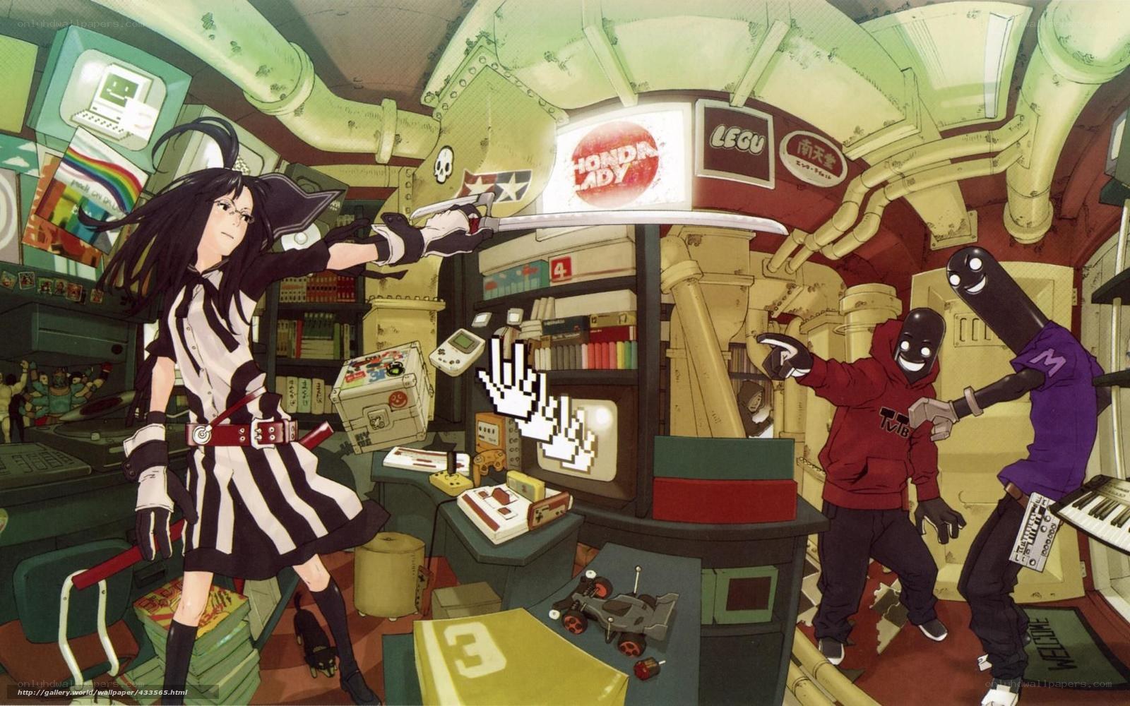 Anime girl with sword in cluttered room