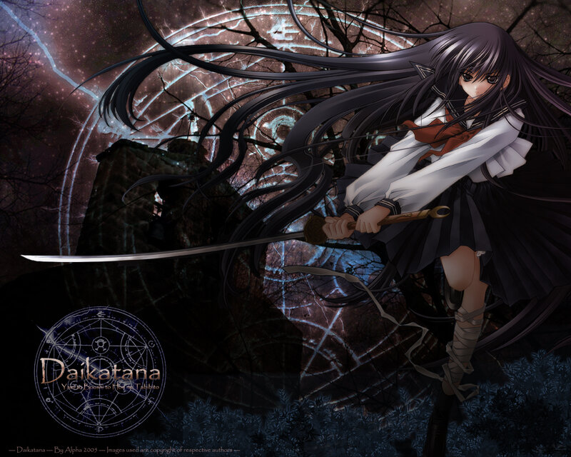 anime girl with sword in dark forest