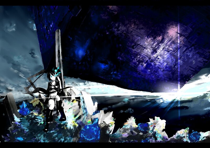 anime girl with sword in dark landscape